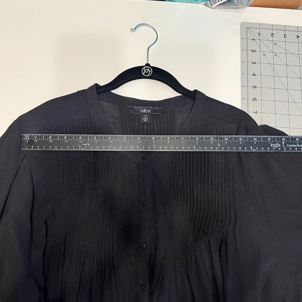 ELLOS Black ¾ Sleeve Crochet Trim Pintucked Blouse (Size 1X – 22/24) - Picture 7 of 8